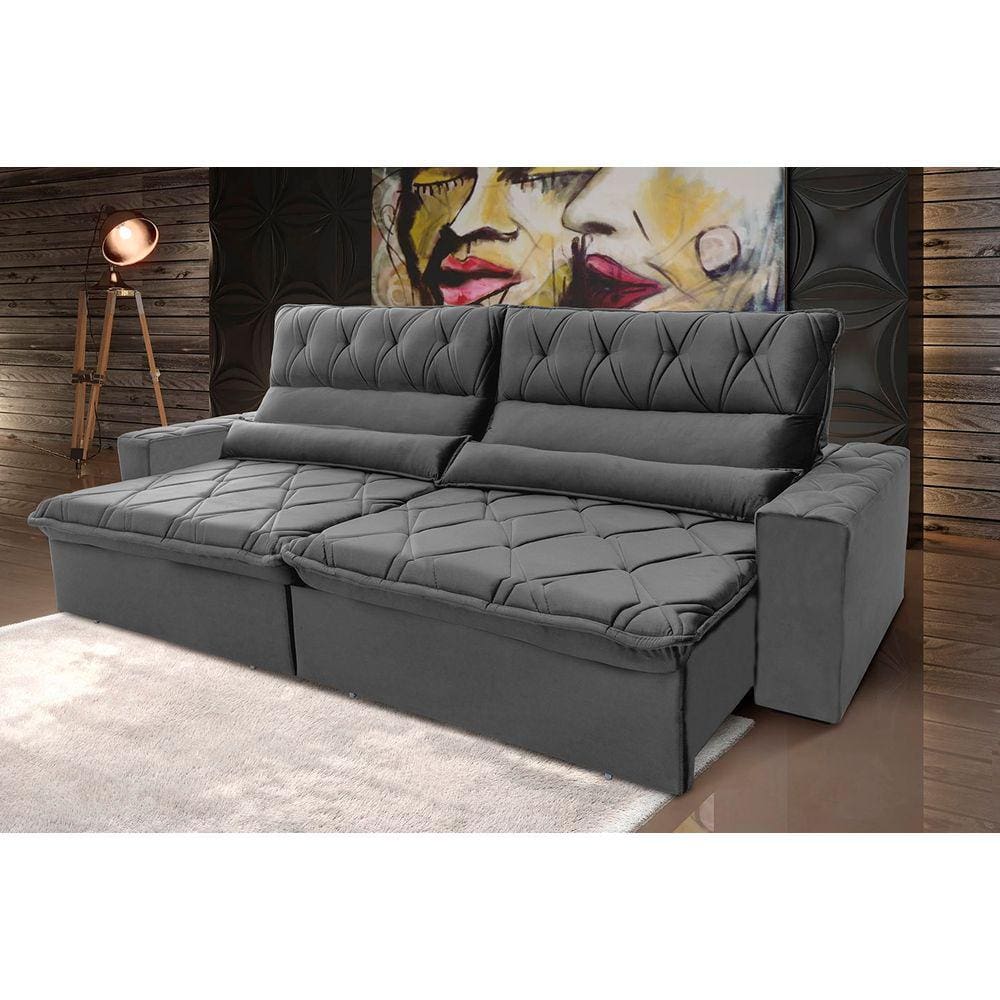 Sofá Retrátil Reclinável França 2,10m Suede Velut Cinza c/ Molas no Assento - King House