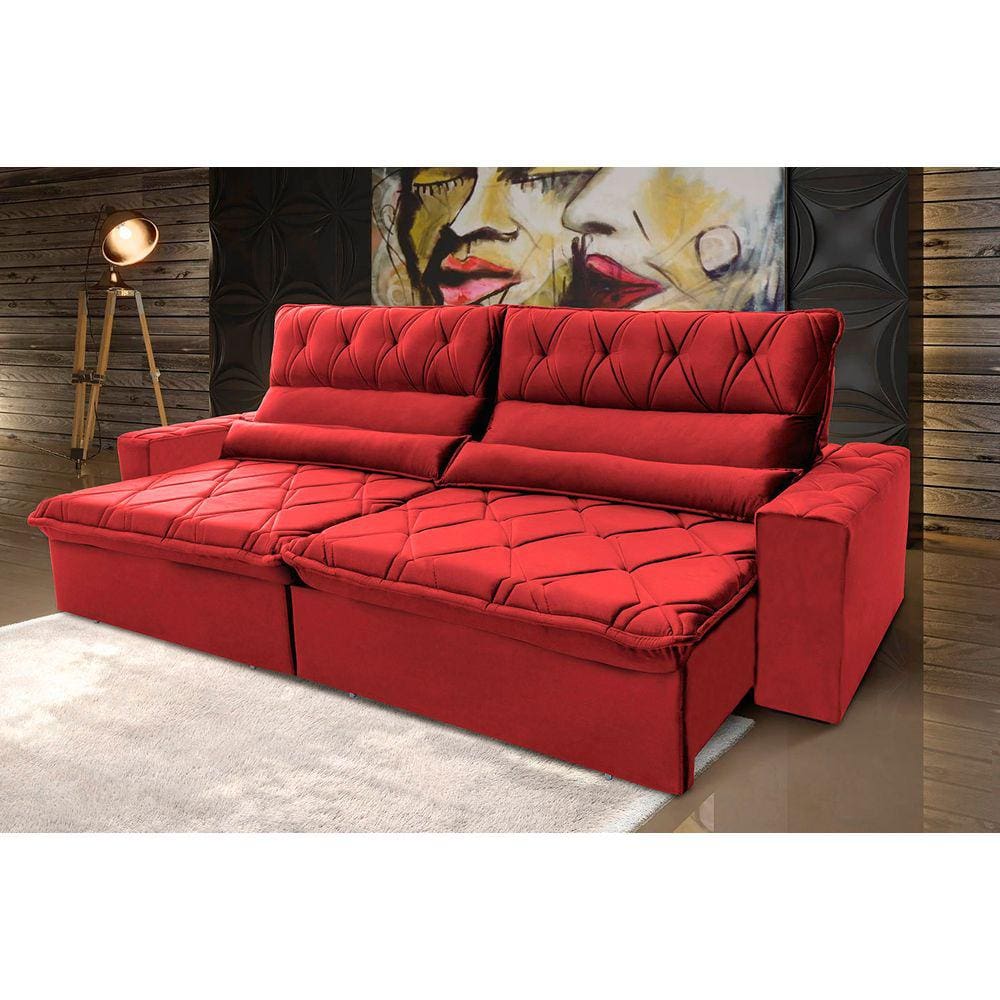 Sofá Retrátil Reclinável França 3,00m Suede Velut Vermelho c/ Molas no Assento - King House