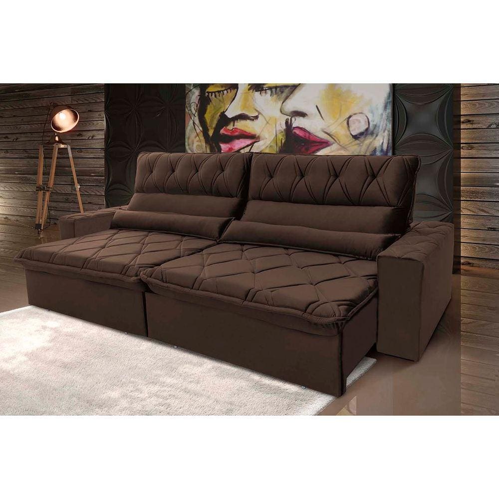 Sofá Retrátil Reclinável França 2,70m Suede Velut Marrom c/ Molas no Assento - King House