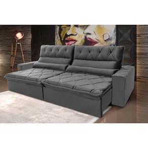 Sofá Retrátil Reclinável França 2,70m Suede Velut Cinza c/ Molas no Assento - King House