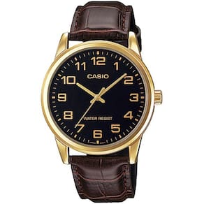 Relógio de Pulso Masculino Marca Casio Casual Analógico Redondo Pulseira de Couro Dourado Preto Branco MTP-V001GL