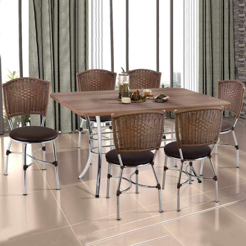 Conjunto Sala de Jantar 1 Mesa 6 Cadeiras Giovana Fil Móveis Marrom/Cromado