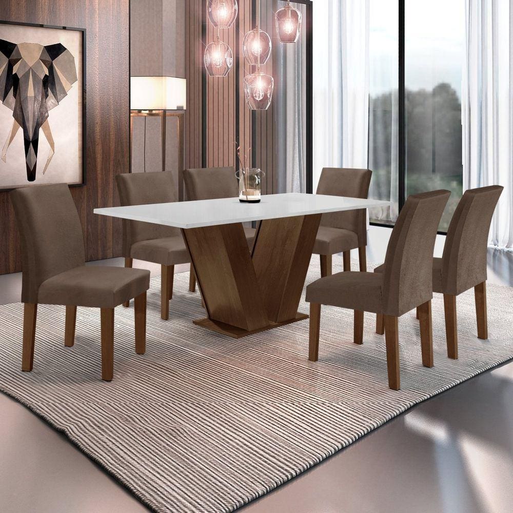 Conjunto Sala de Jantar Mesa 160x80cm Tampo MDF com 6 Cadeiras Espanha Yescasa Chocolate/Marrom