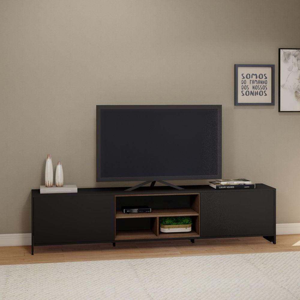 Rack para TV até 65 Polegadas 200cm 2 Portas 3 Nichos Olímpia Estilare Preto/Madeirado