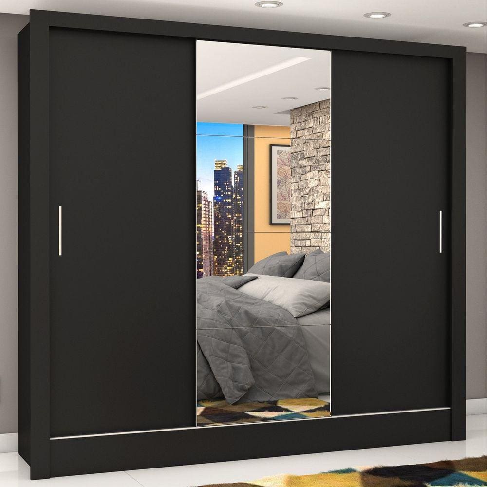 Guarda Roupa Casal 3 Portas com Espelho Porto Plus Espresso Móveis Preto