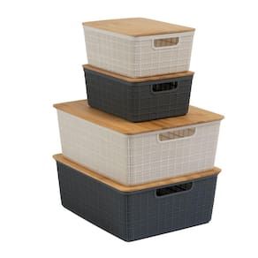 Kit 4 caixas organizadoras tampa bambu 2p/2m branco/cinza
