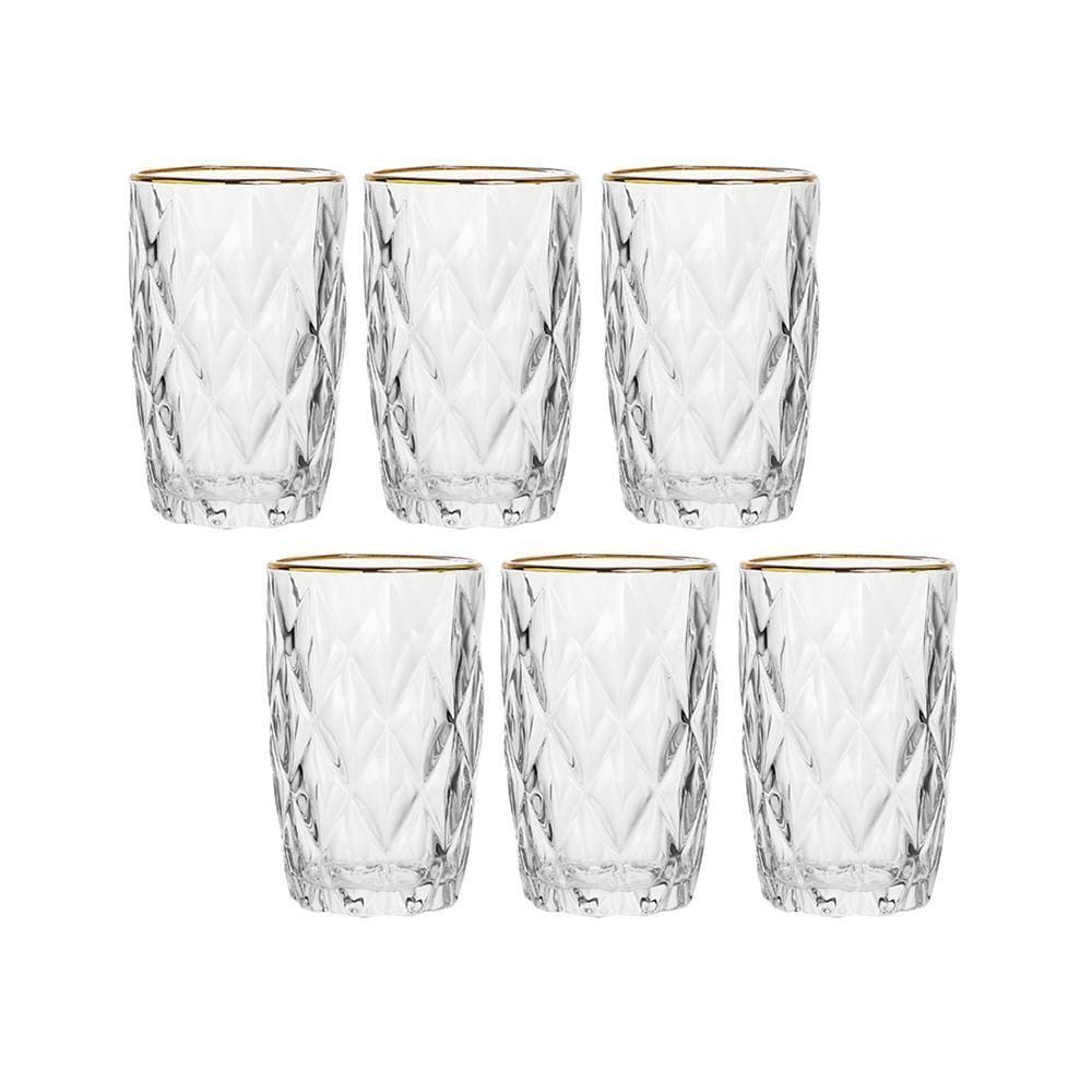 Conjunto De Copos Diamante Com Borda Dourada 350Ml 6Peças