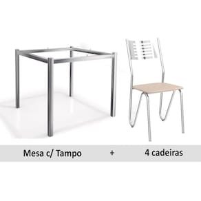 Conjunto: Mesa Sala Jantar Reno c/ Tampo Vidro 90cm + 4 Cadeiras Nápoles Cromado/Courano Nude - Kappesberg