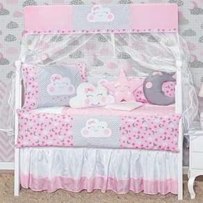 Kit Berço 12 Peças Com Saia Box Rosa Claro Nuvem Completo