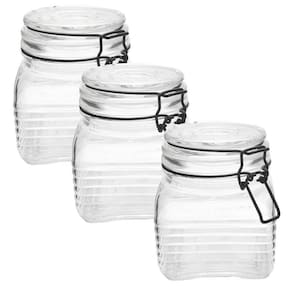 3 Potes De Vidro Hermético Quadrado Com Trava Preto 800Ml