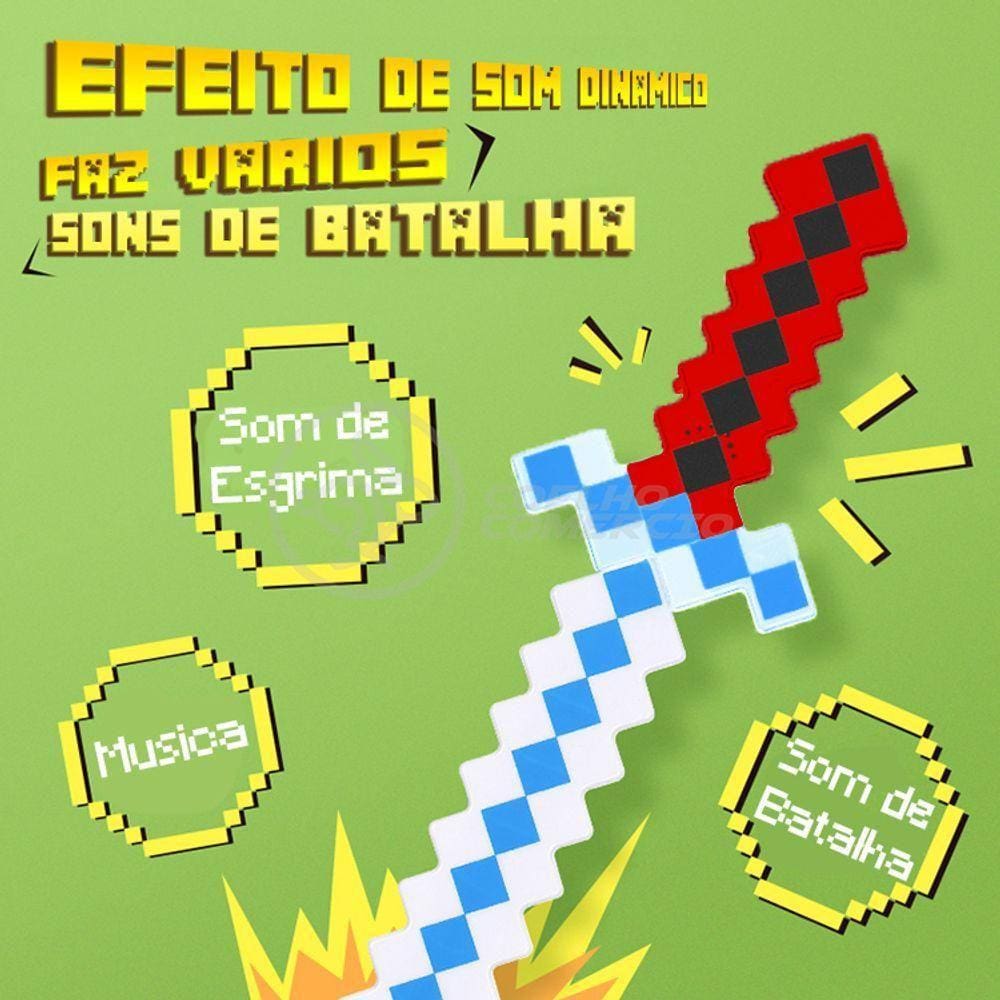 Kit Brinquedo Espada Pixel Minecraft 58cm C/Som Luz+3 Pilhas