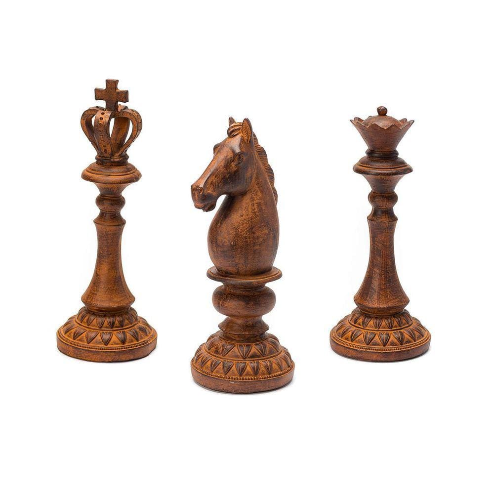 Trio De Peças Do Xadrez Decorativas Em Resina Marrom