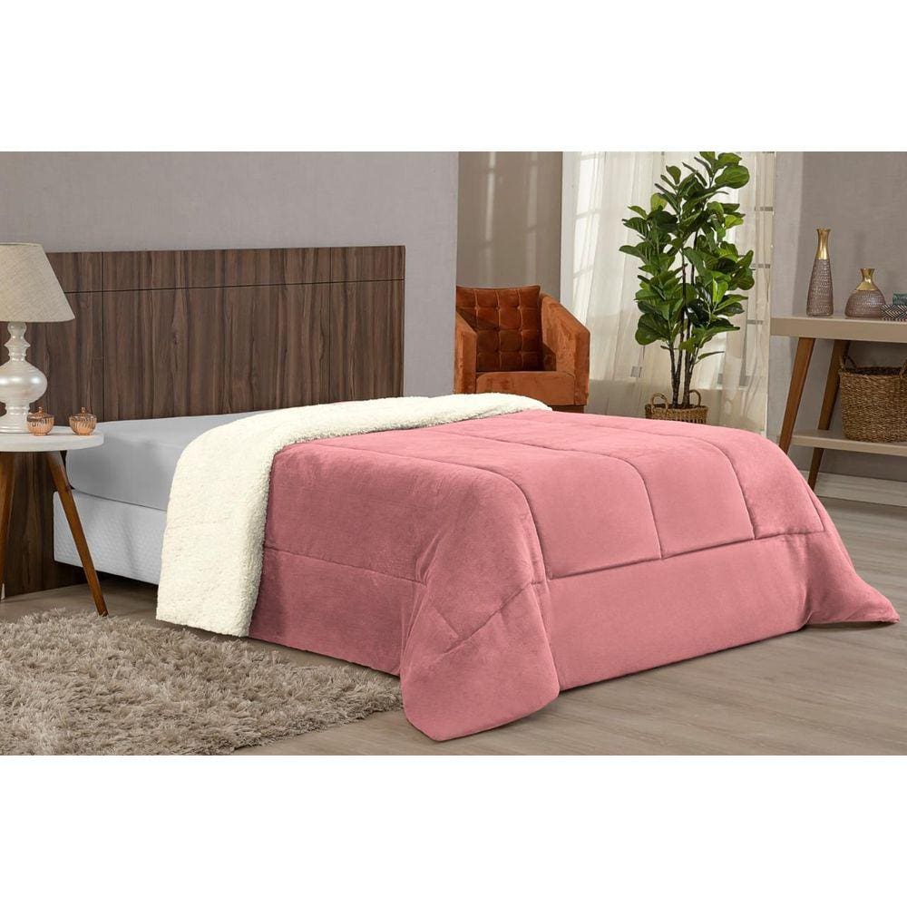 Coberdrom Casal Queen Confortável Com Manta E Sherpa Rosa