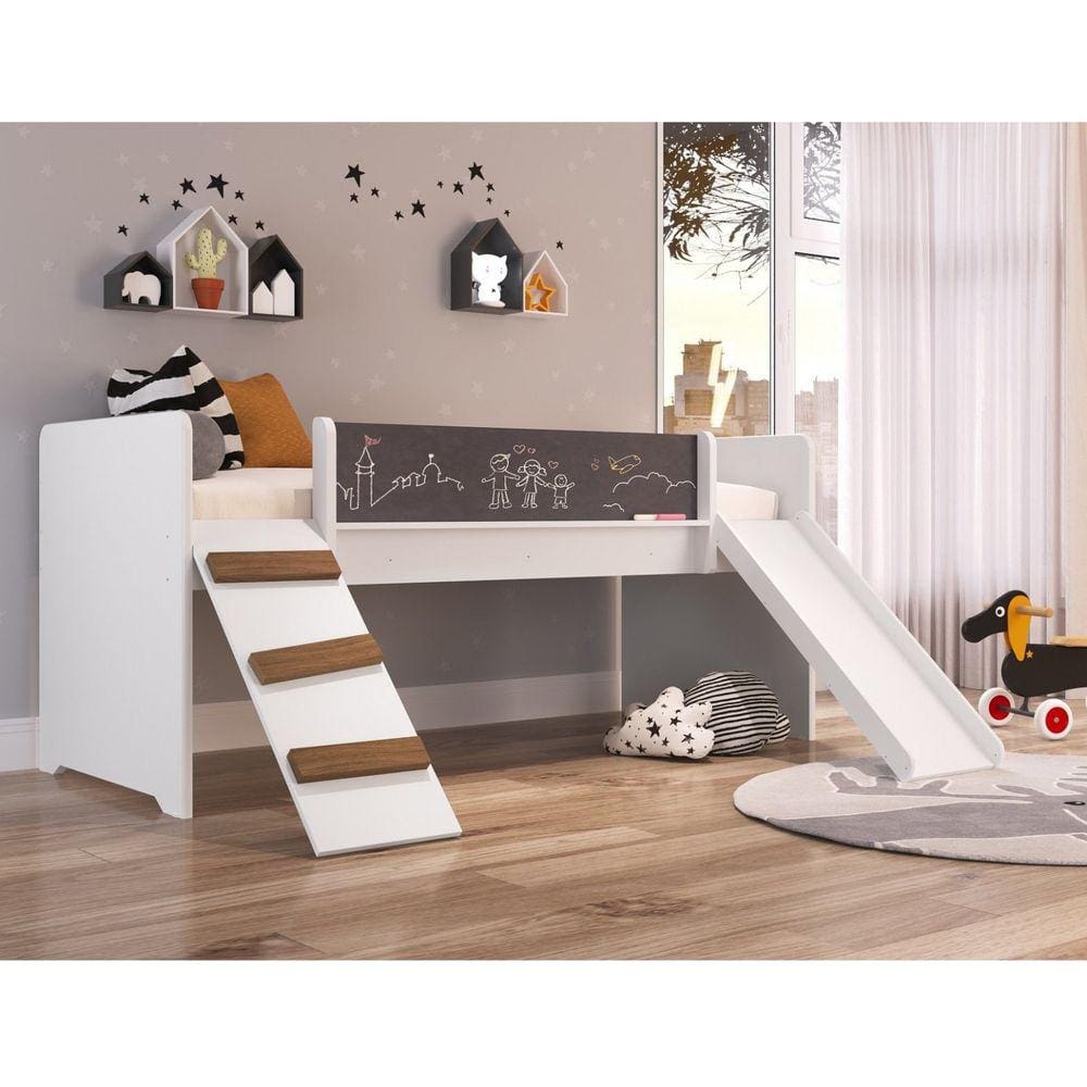 Cama Playground Com Escorregador e Rampa Completa Móveis Branco