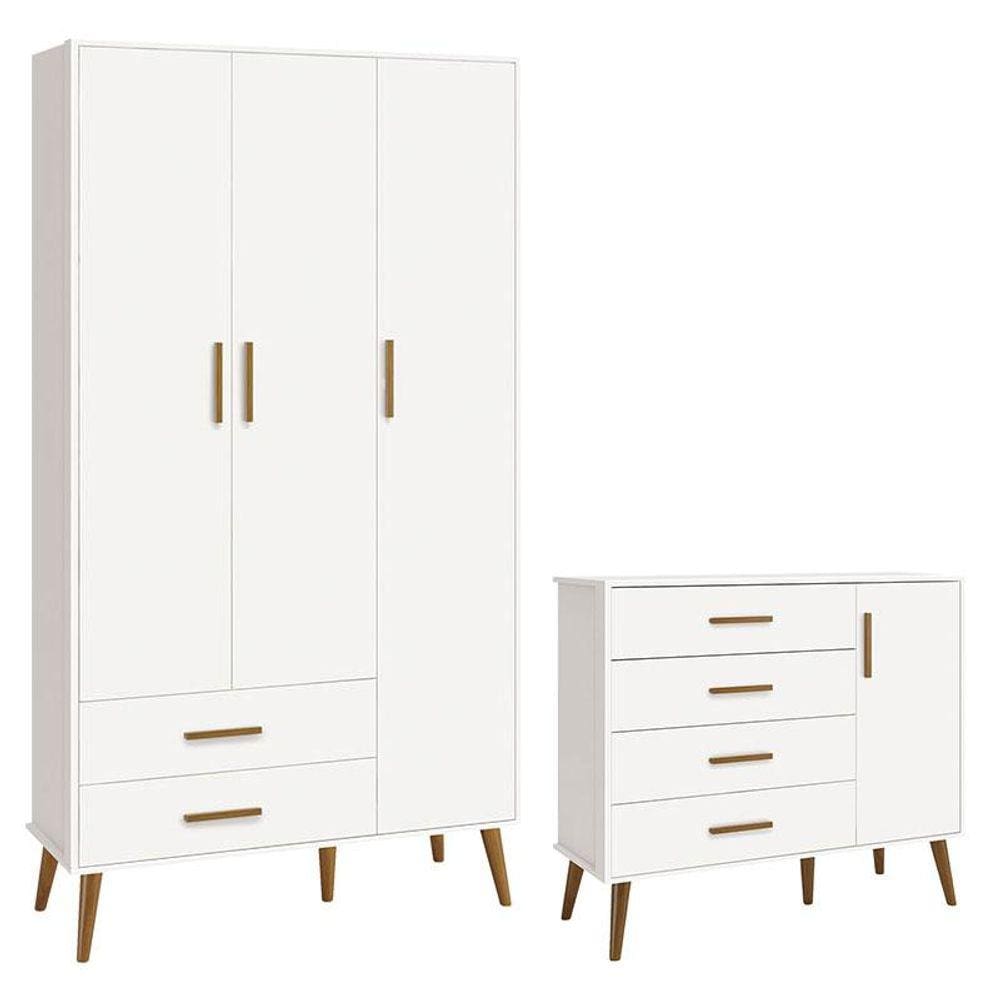 Cômoda com Porta e Guarda Roupa Infantil 3 Portas Isis Branco Acetinado - Reller