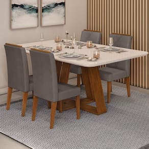 Conjunto Sala de Jantar Mesa Kiara 160x90cm Tampo Vidro/MDF com 4 Cadeiras Yasmin DJ Móveis Freijo/Off White/Veludo Lunar