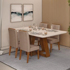 Conjunto Sala de Jantar Mesa Kiara 160x90cm Tampo Vidro/MDF com 4 Cadeiras Yasmin DJ Móveis Freijo/Off White/Veludo Kraft