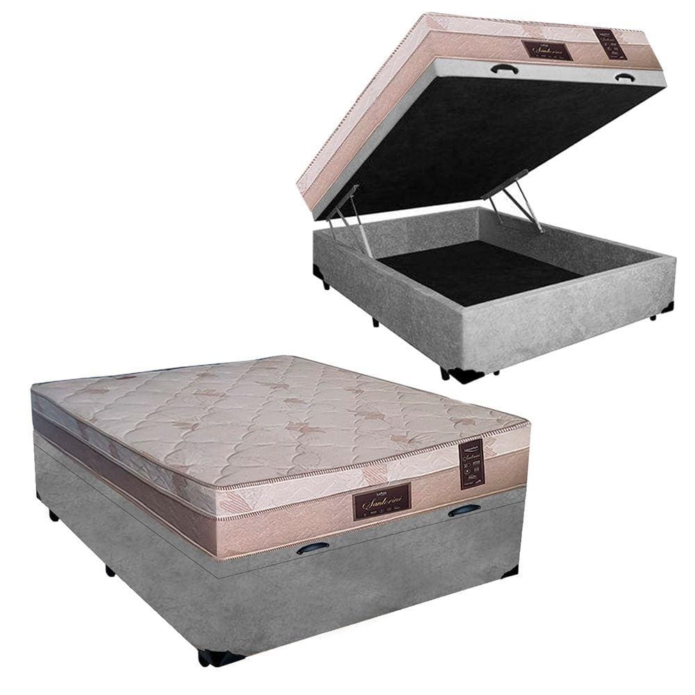 Cama Box Baú Casal Suede + Colchão Molas Ensacadas Santorini Luflex 71x138x188 Cinza