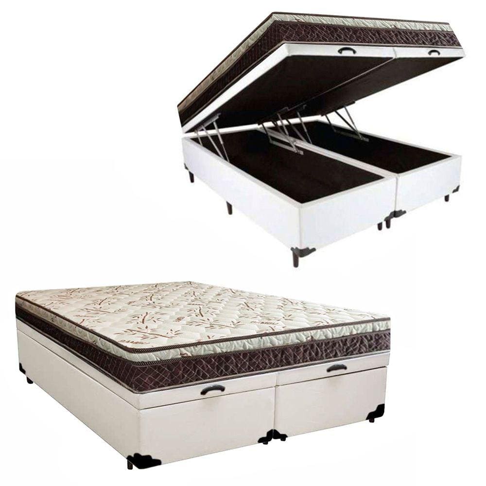 Cama Box Baú Bipartido Casal Sintético + Colchão Casal Espuma Extra Firme D33 Elegance Ortopédico 64x138x188