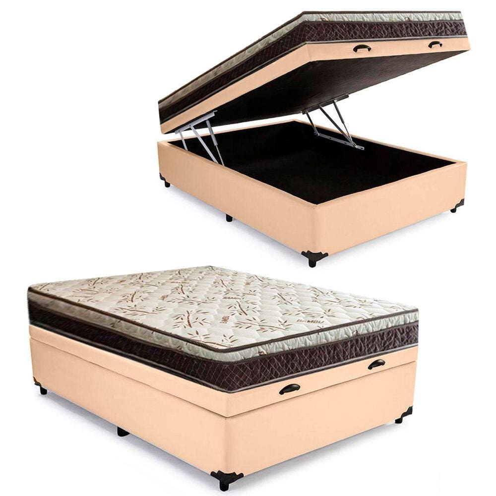 Cama Box Baú Casal Blindado Sintético + Colchão Casal Espuma Extra Firme D33 Elegance Ortopédico 72x138x188