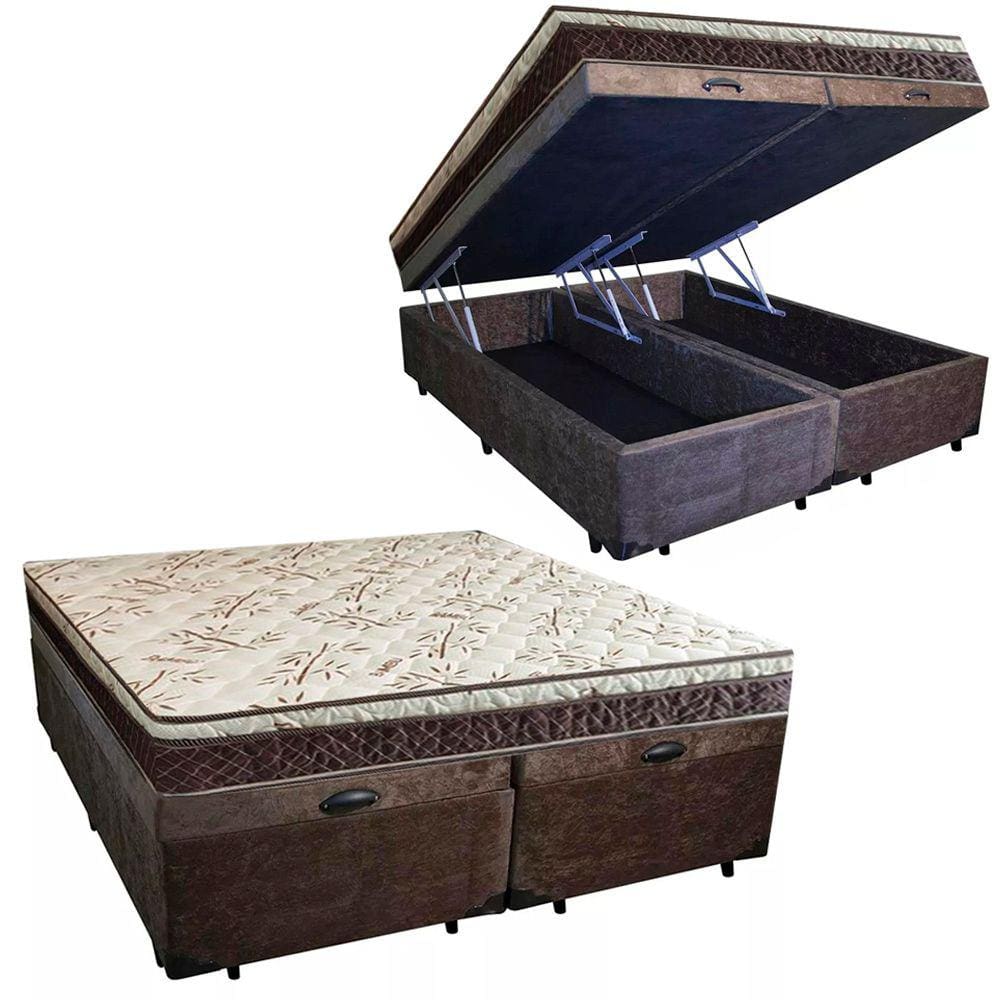 Cama Box Baú Bipartido Casal Blindado Suede + Colchão Casal Espuma Extra Firme D33 Elegance Ortopédico 64x138x188 Marrom