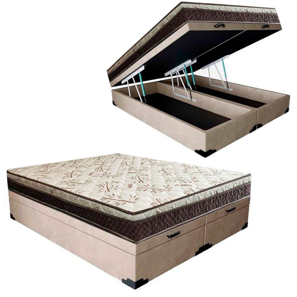 Cama Box Baú Bipartido Casal Suede + Colchão Casal Espuma Extra Firme D33 Elegance Ortopédico 72x138x188 Bege