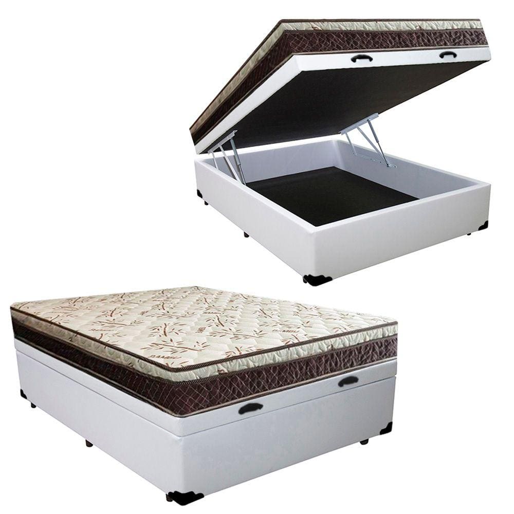 Cama Box Baú Casal Blindado Corino + Colchão Casal Espuma Extra Firme D33 Elegance Ortopédico 64x138x188 Branco