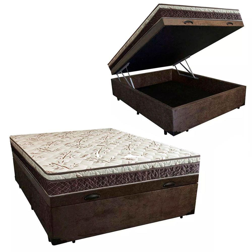 Cama Box Baú Casal Blindado Suede + Colchão Casal Espuma Extra Firme D33 Elegance Ortopédico 64x138x188 Marrom