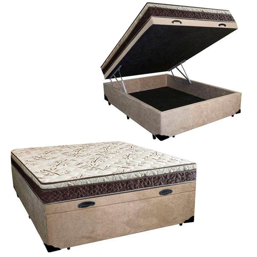 Cama Box Baú Casal Blindado Suede + Colchão Casal Espuma Extra Firme D33 Elegance Ortopédico 72x138x188 Cor:Bege