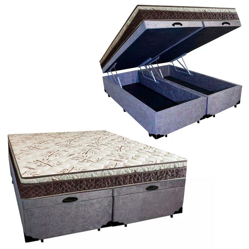 Cama Box Baú Bipartido Casal Suede + Colchão Casal Espuma Extra Firme D33 Elegance Ortopédico 72x138x188 Cor:Cinza