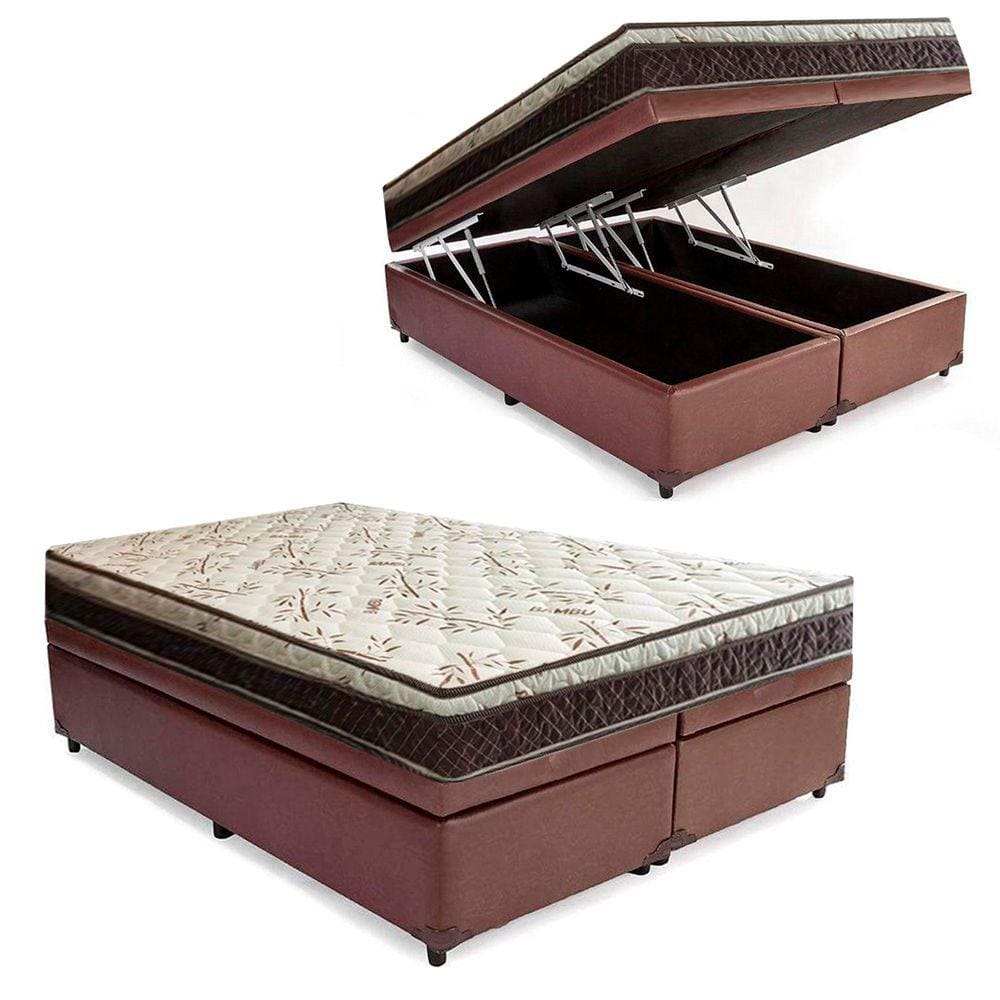 Cama Box Baú Bipartido Casal Corino + Colchão Casal Espuma Extra Firme D33 Elegance Ortopédico 64x138x188 Marrom