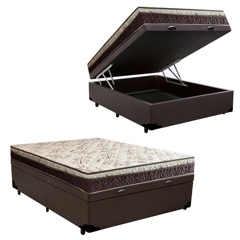 Cama Box Baú Casal Blindado Corino + Colchão Casal Espuma Extra Firme D33 Elegance Ortopédico 72x138x188 Marrom
