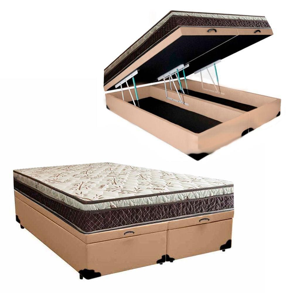 Cama Box Baú Bipartido Casal Blindado Corino+Colchão Casal Espuma ExtraFirme D33 Elegance Ortopédico 64x138x188 Bege