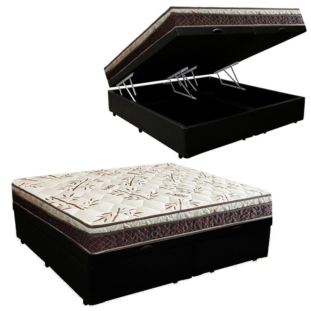 Cama Box Baú Bipartido Casal Blindado Corino+Colchão Casal Espuma ExtraFirme D33 EleganceOrtopédico 72x138x188 Preto