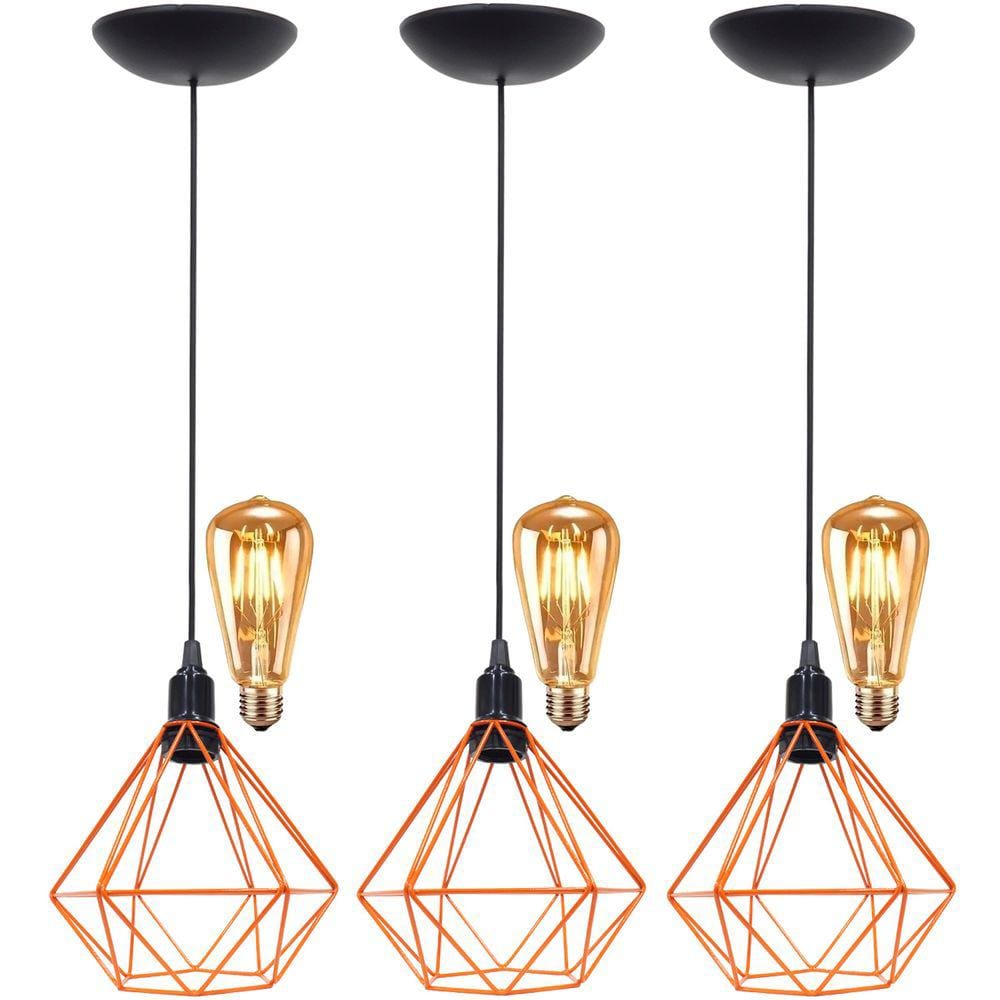3 Pendentes Aramado Diamante Teto Luminária Retrô Balcão Agp + 3 Lâmpadas Led ST64 Vintage
