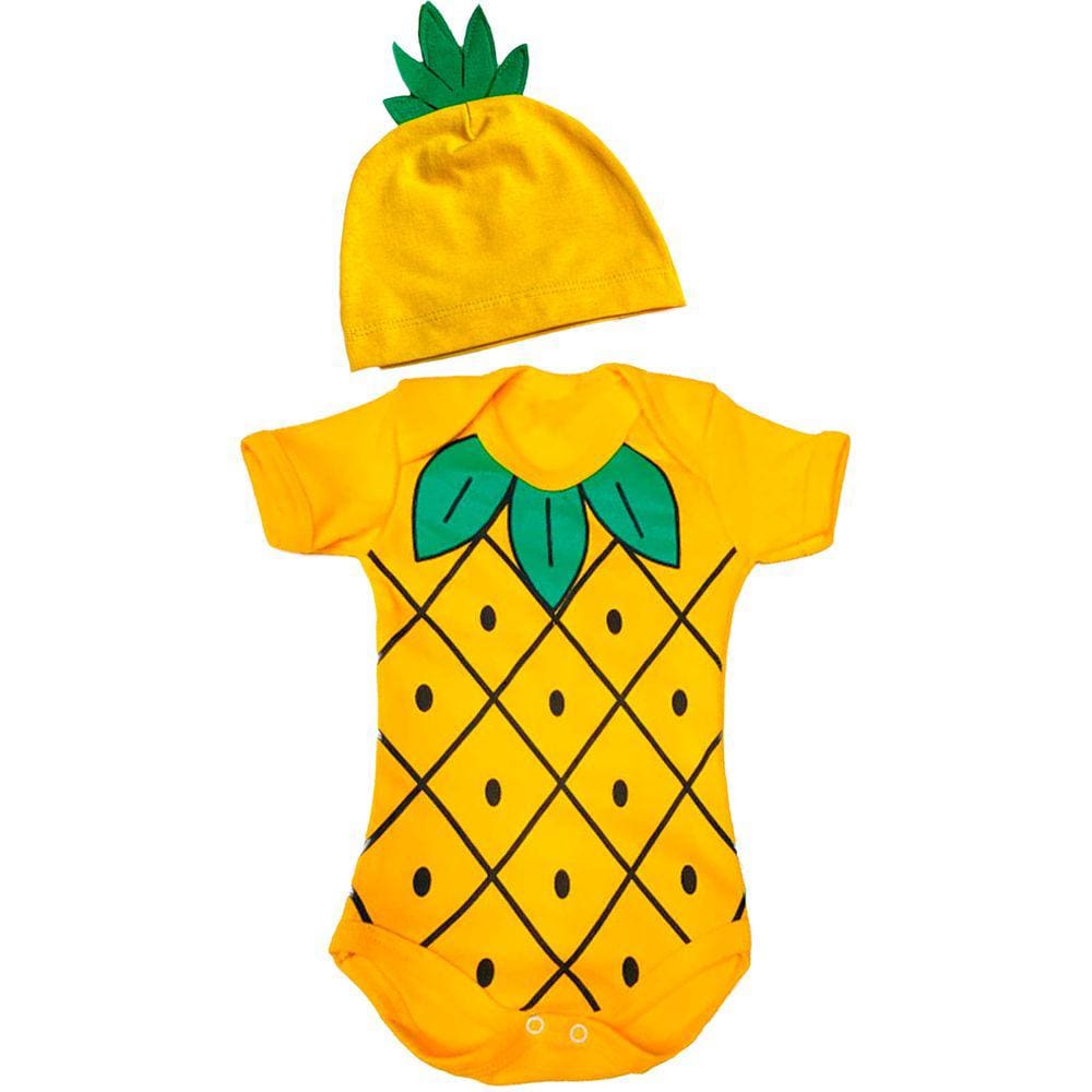 Body Bebe Manga Curta Estampas Divertidas Frutas Abacaxi + Gorro