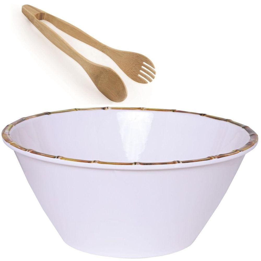 Saladeira De Melamina E Bambu - 25 Cm Com Pegadores De Bambu