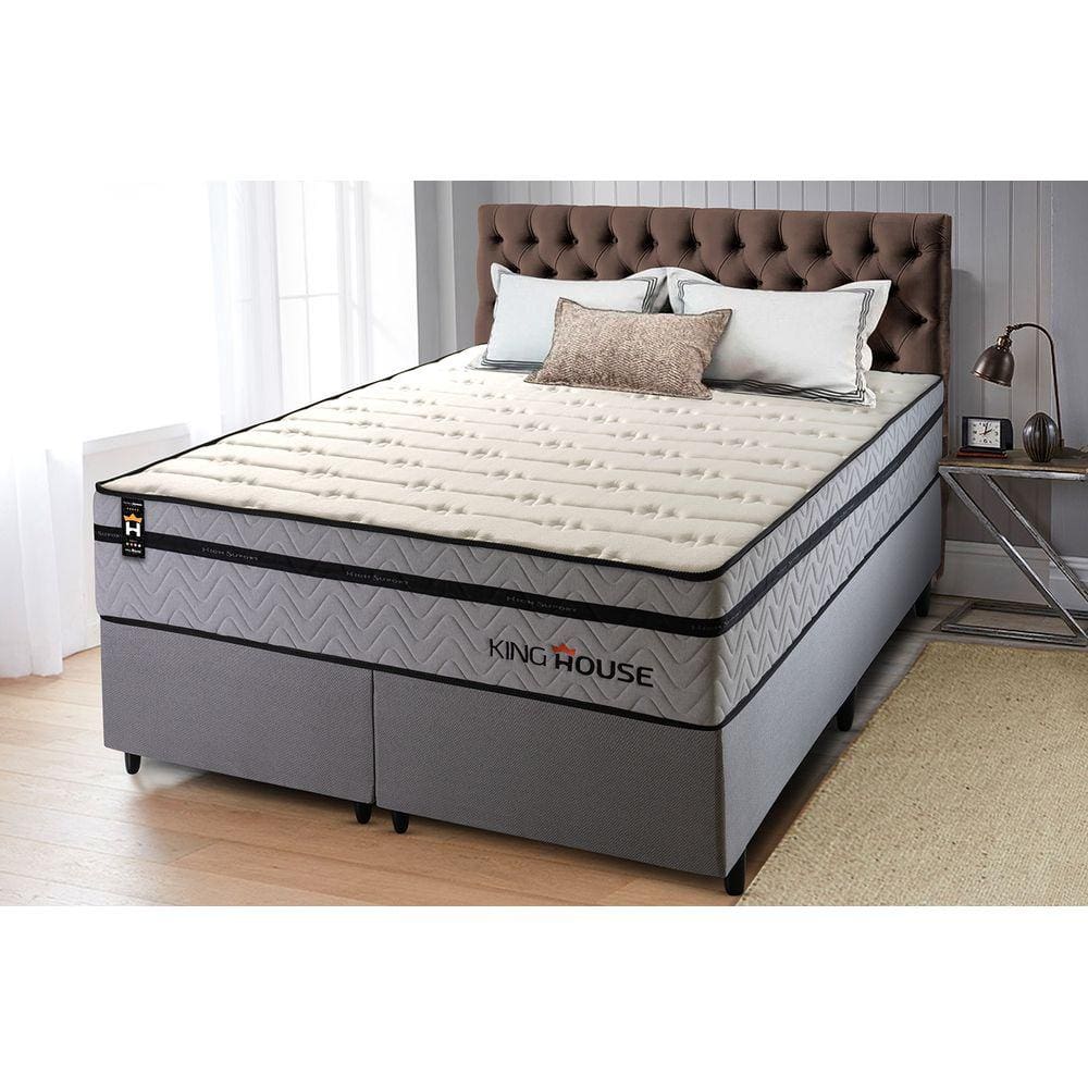 Conjunto Cama Box c/ Molas Ensacadas Preston Cinza Queen 158x198x71