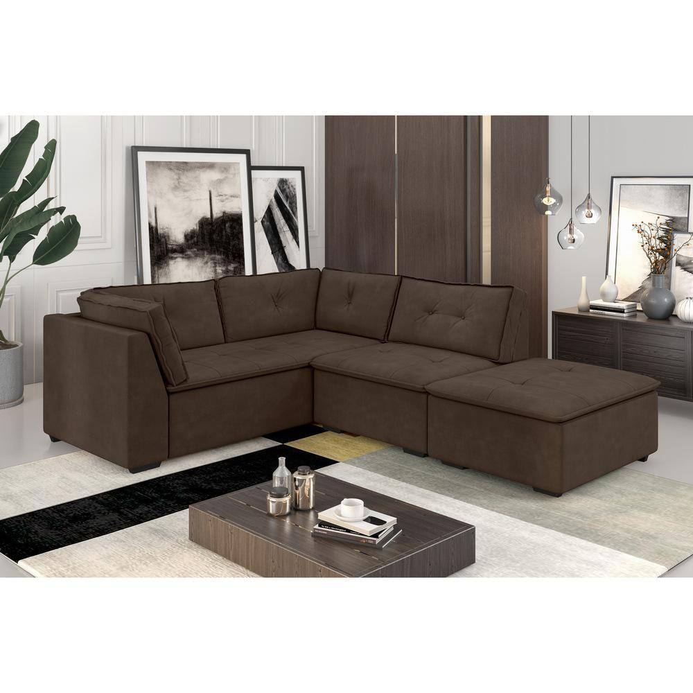 Sofa canto com puff marrom turim | Casas Bahia