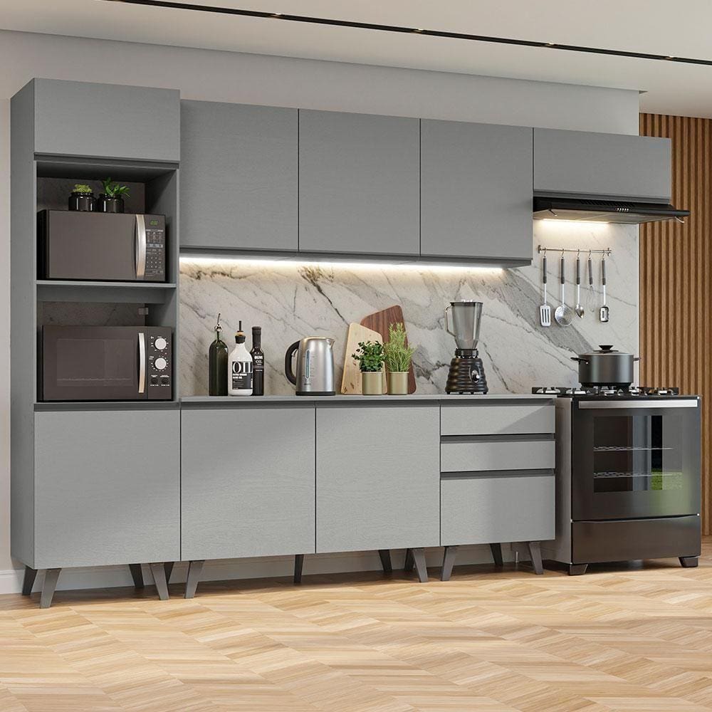 Armário De Cozinha Completa 320Cm Cinza Nice Madesa 08 Cinza