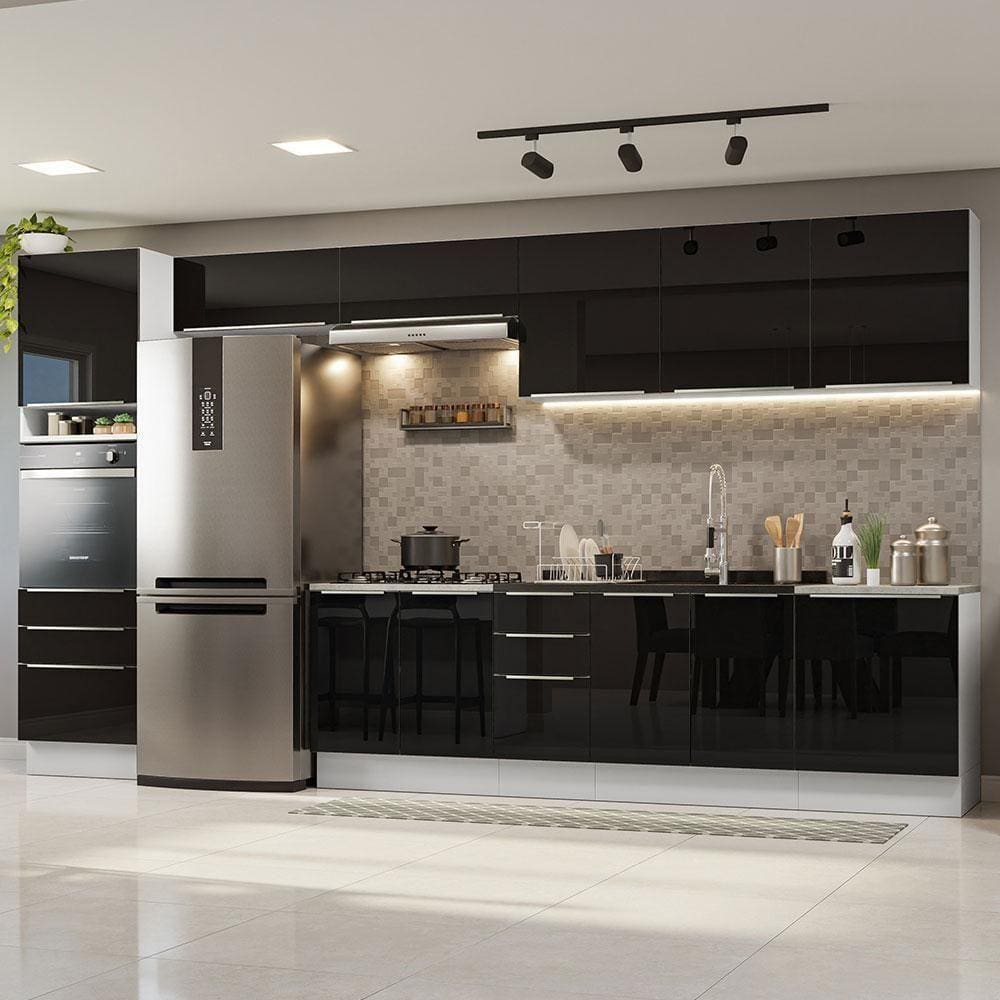 Armário De Cozinha Completa 400Cm Branco/Preto