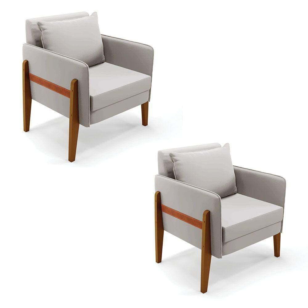 Kit 02 Poltronas Lana Veludo Base De Madeira Cinza