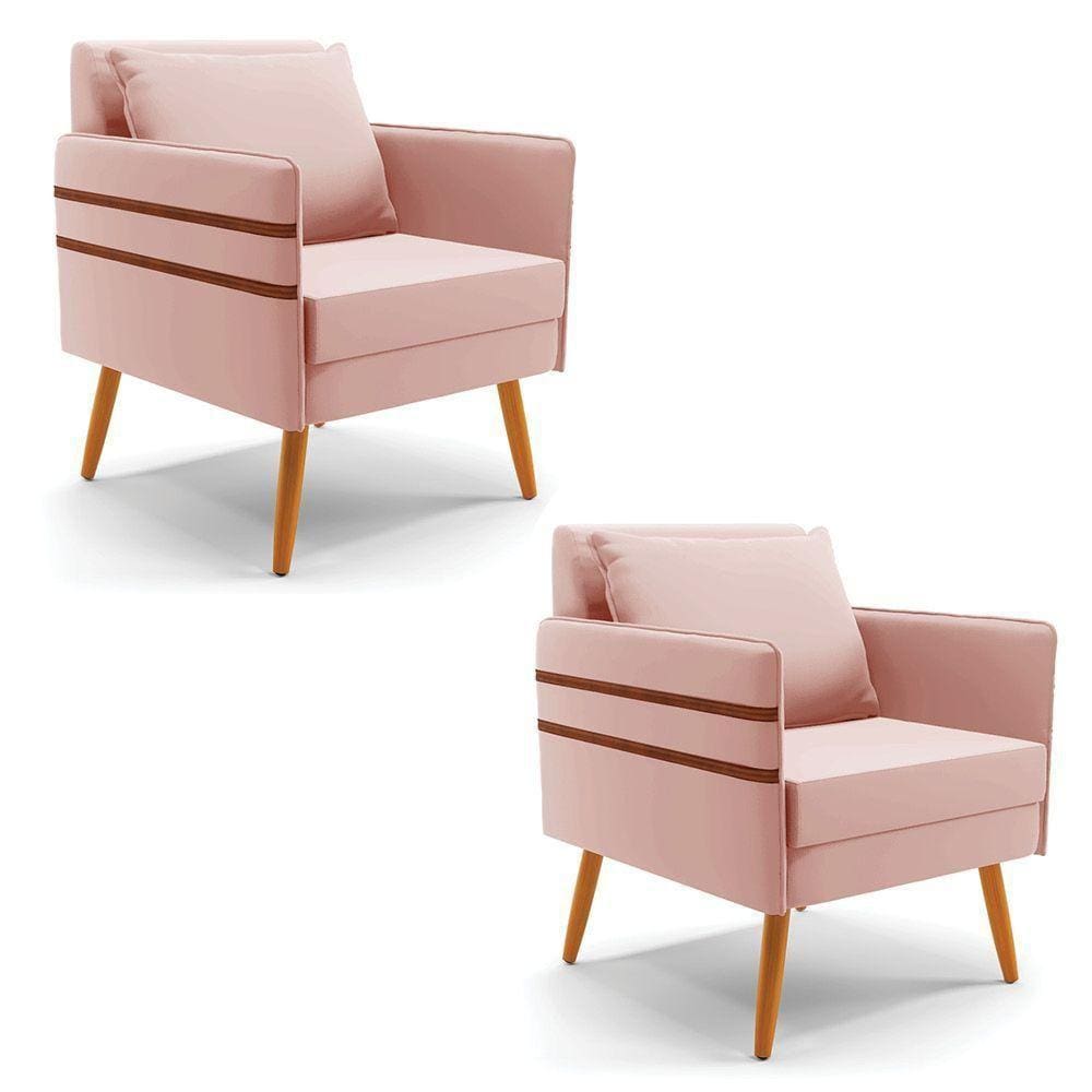 Kit 02 Poltronas Mari Veludo Pés Palito Castanho Rose