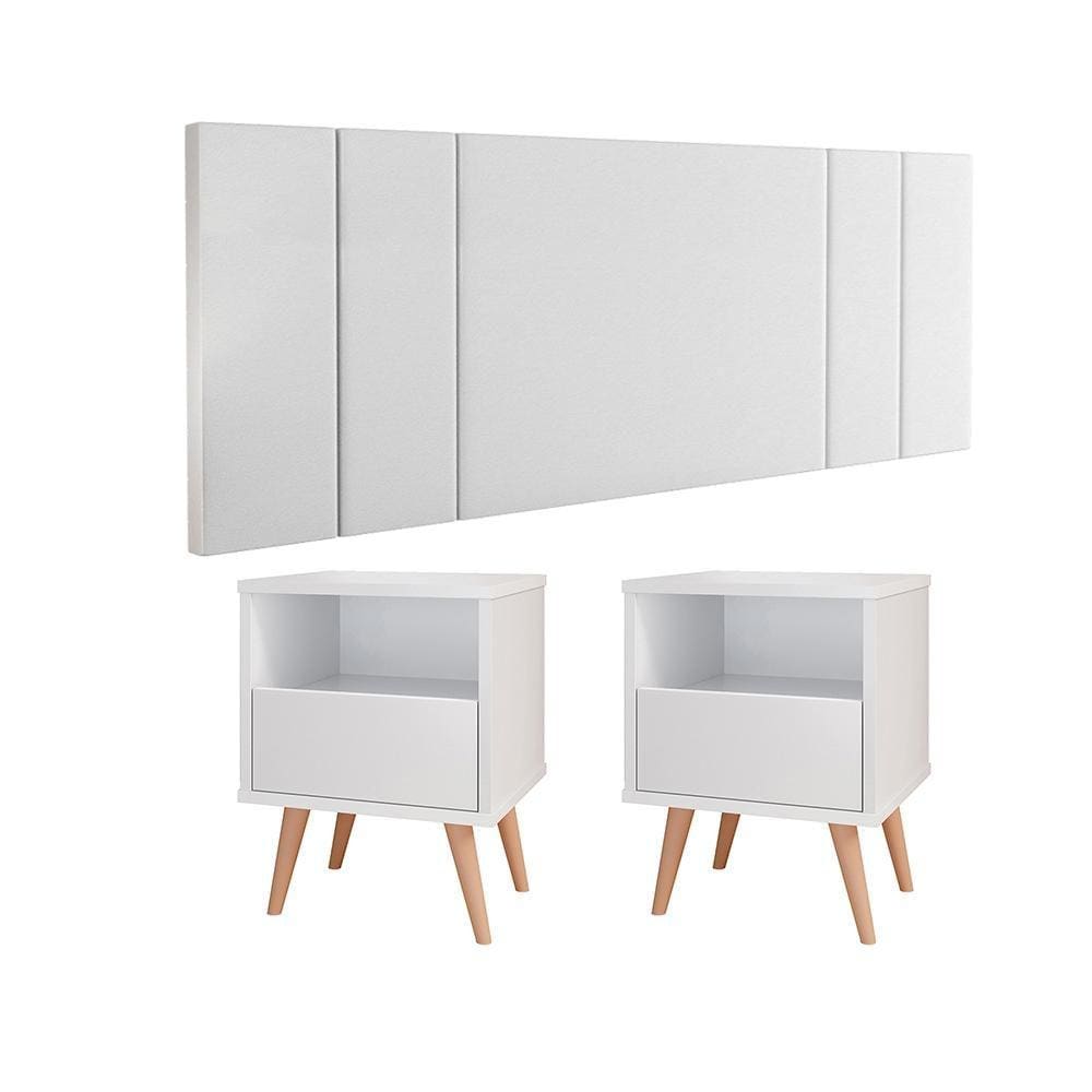Kit Cabeceira Suspensa Parede Cama Casal Box 1,40 e 2 Mesinhas Quarto Nicho e Gaveta – Branco