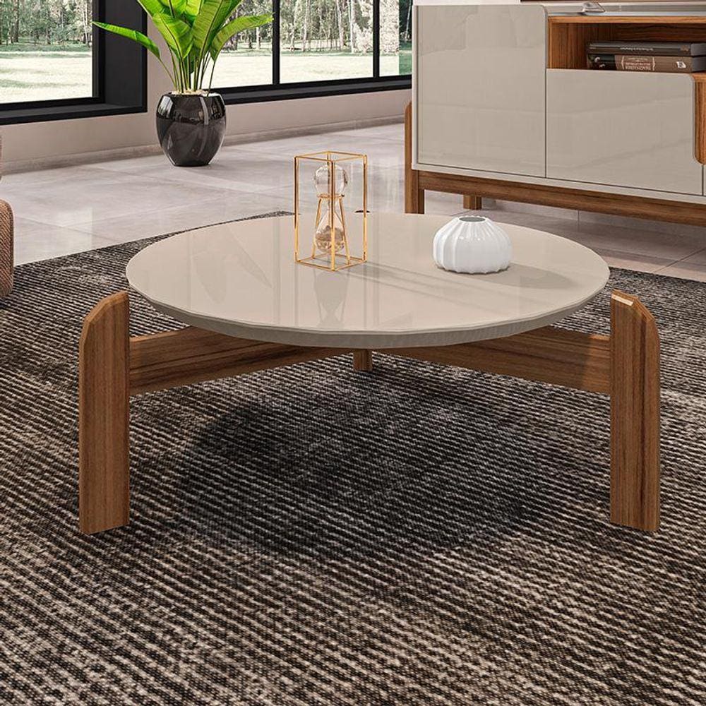 Mesa de Centro Sala Lizz Redonda com Pés em Madeira Maciça