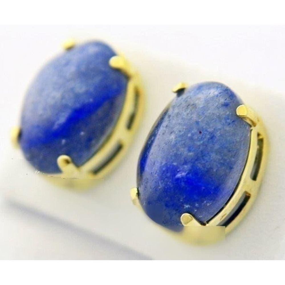 Brinco Cabochao Baulado Topinho Pedra Quartzo Azul Dourado