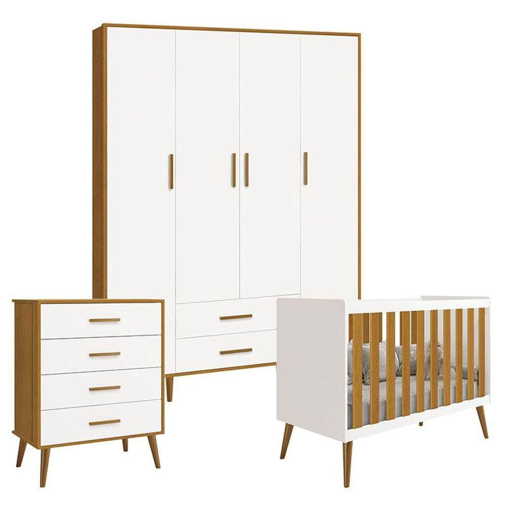 Quarto de Bebê Isis 4 Portas com Gaveteiro Branco Acetinado Savana - Reller