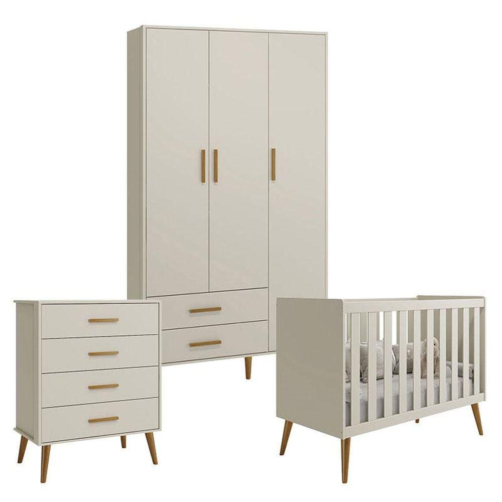 Quarto de Bebê Isis 3 Portas com Gaveteiro Areia Acetinado - Reller