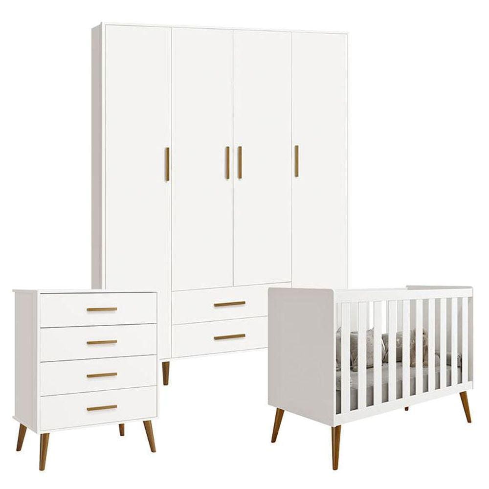 Quarto de Bebê Isis 4 Portas com Gaveteiro Branco Acetinado - Reller