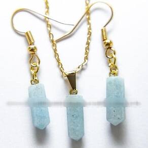 Pingente e Brinco Quartzo Azul Paraíba Mini Ponta Dourado